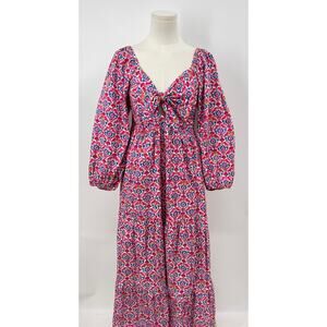 Xirena Imogen Tie Front Block Bird Print Maxi Dress Pink Blue Puff Sleeve L